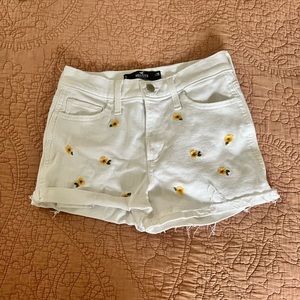 Hollister White High Rise Jean Shorts with Yellow Embroidered Flowers